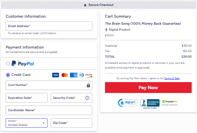 The Brain Song Secure Checkout Page